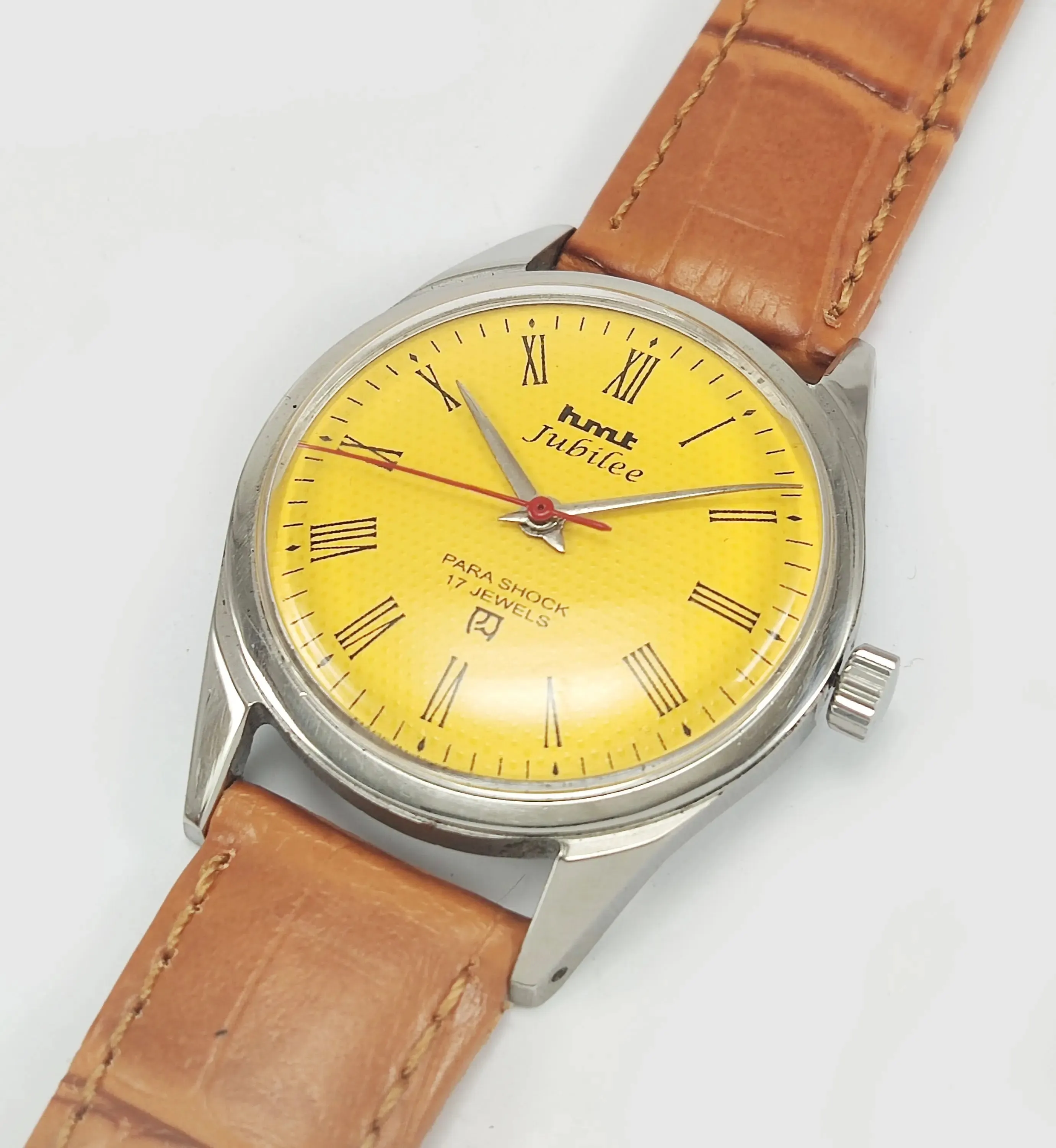 HMT Jubilee Para Shock 17 Jewels Yellow Dial Roman Numerals Mechanical Hand winding Men's Wrist Watch
