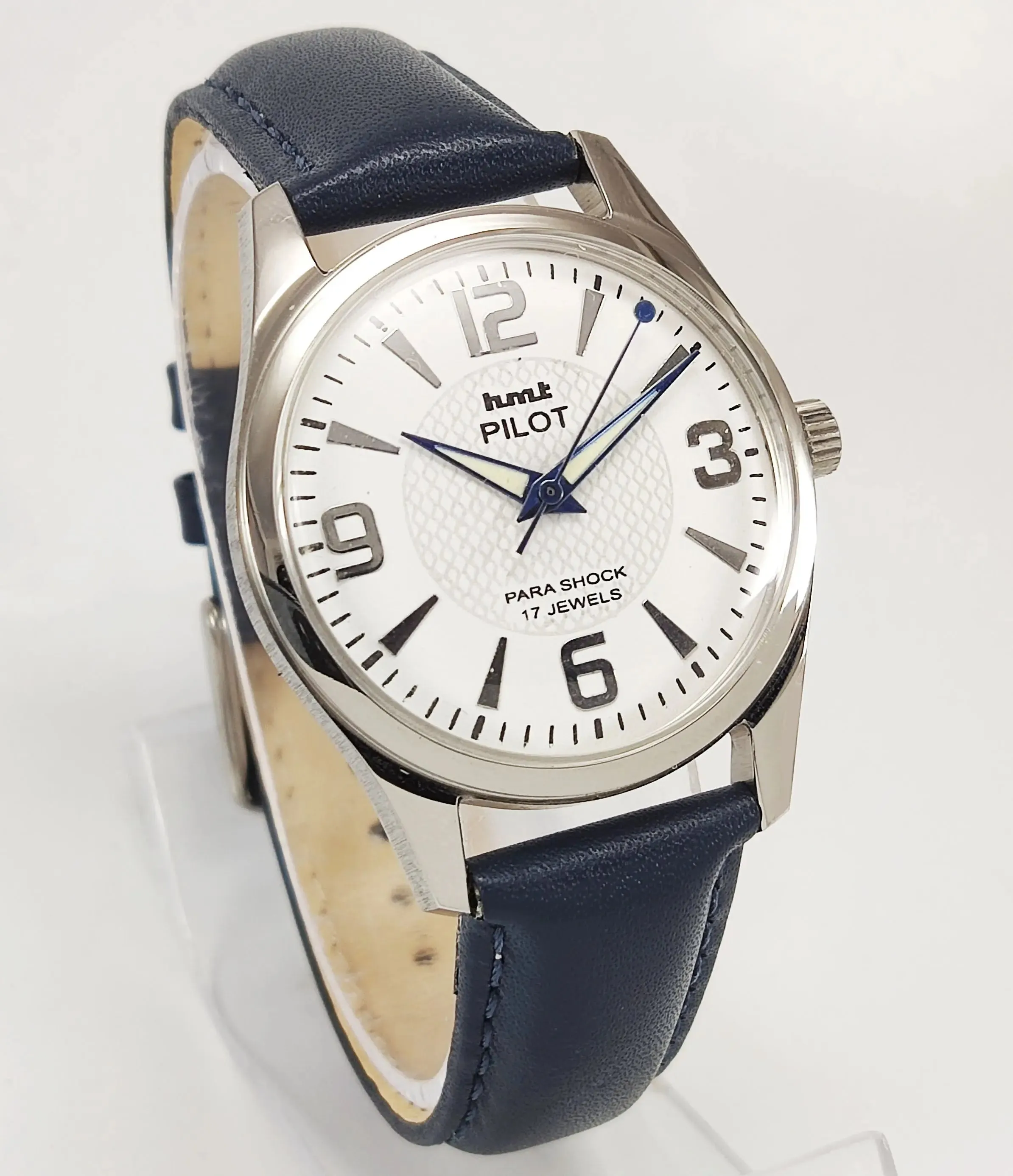 HMT Pilot Para Shock 17 Jewels White Dial Transparent Back Mechanical Hand winding Men's Wrist Watch