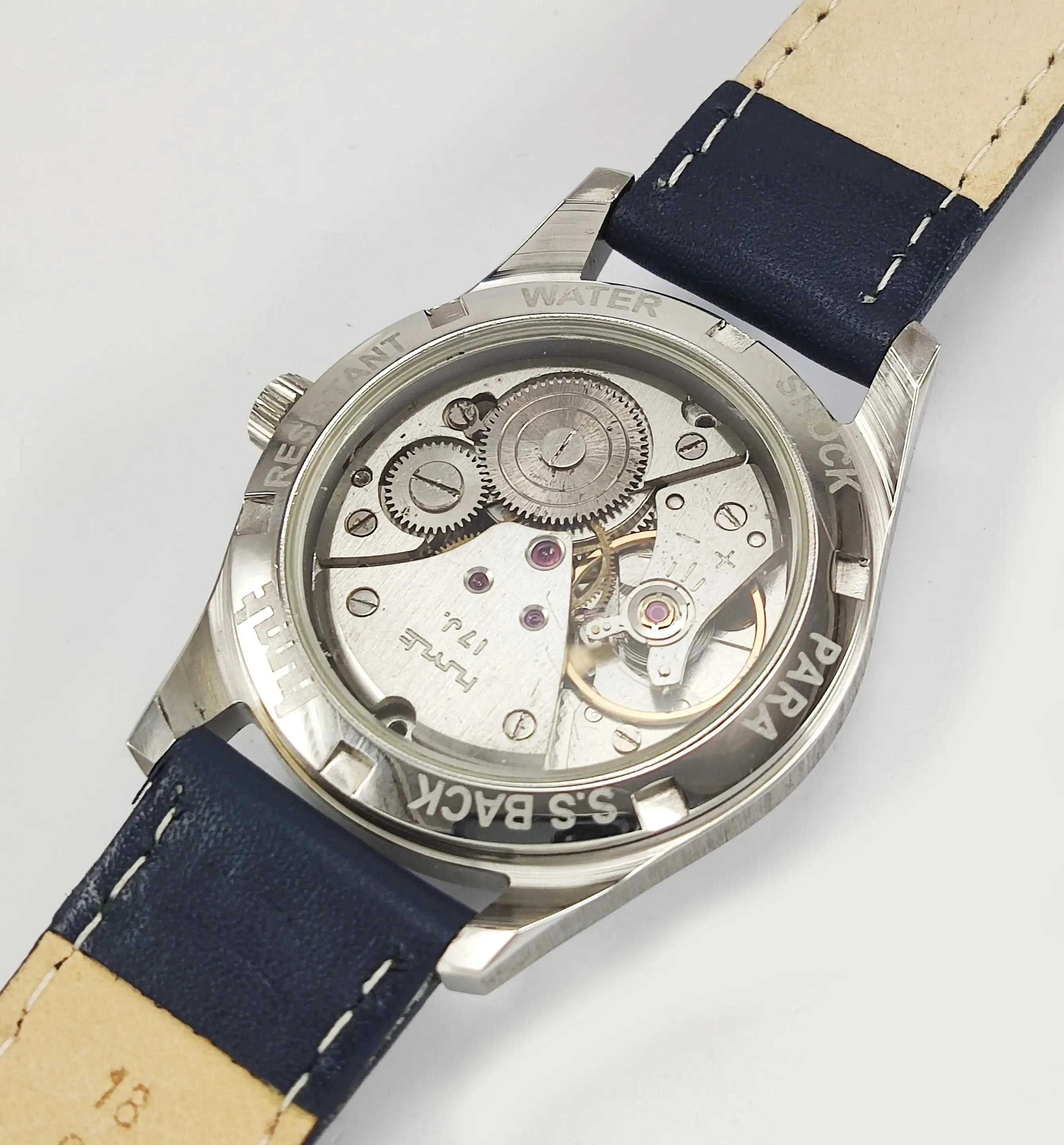 HMT Pilot Para Shock 17 Jewels White Dial Transparent Back Mechanical Hand winding Men's Wrist Watch