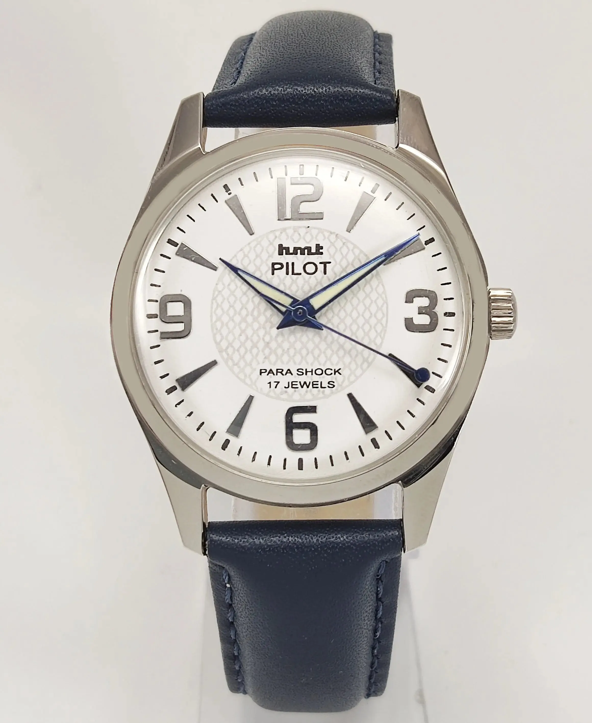 HMT Pilot Para Shock 17 Jewels White Dial Transparent Back Mechanical Hand winding Men's Wrist Watch