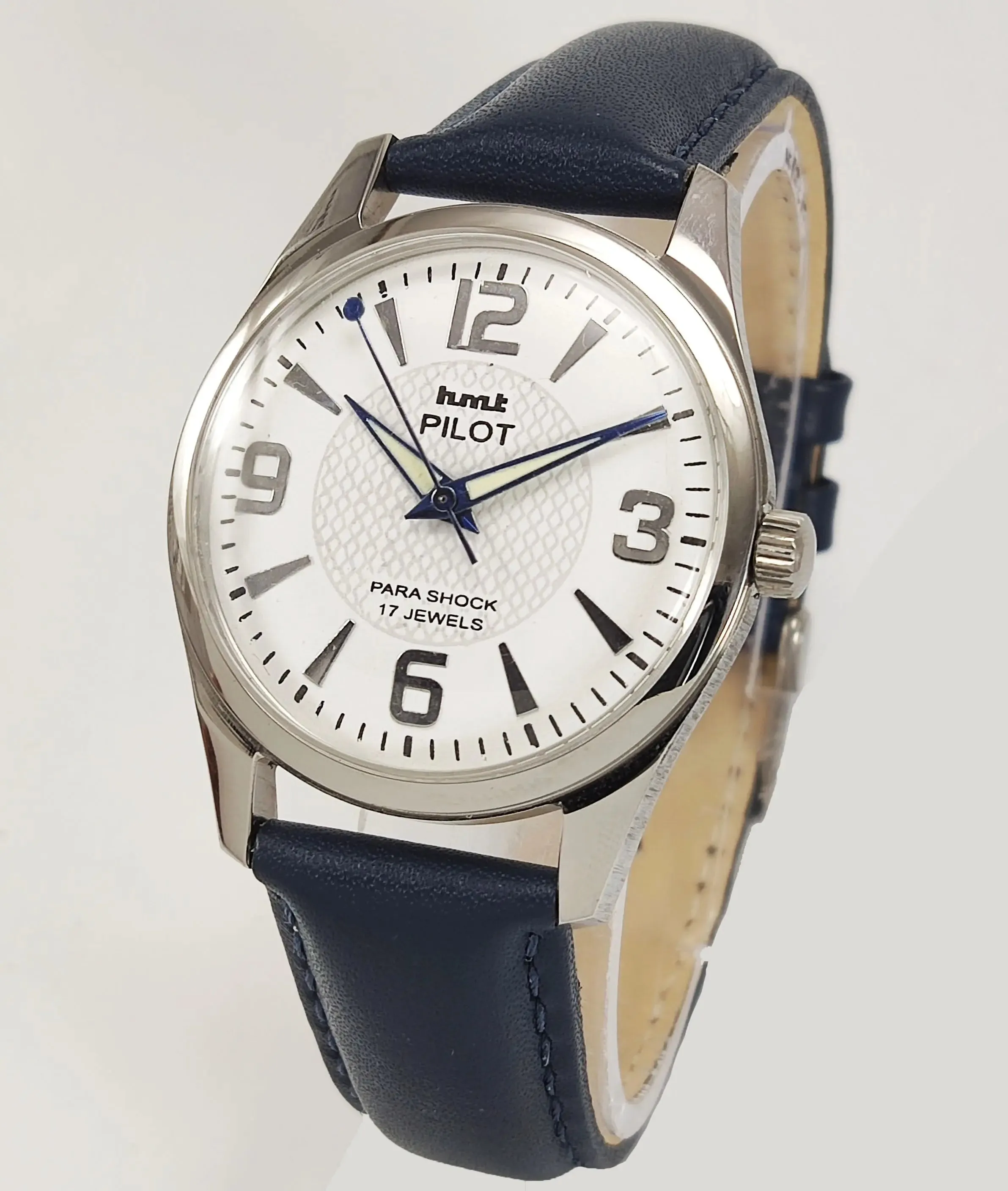 HMT Pilot Para Shock 17 Jewels White Dial Transparent Back Mechanical Hand winding Men's Wrist Watch