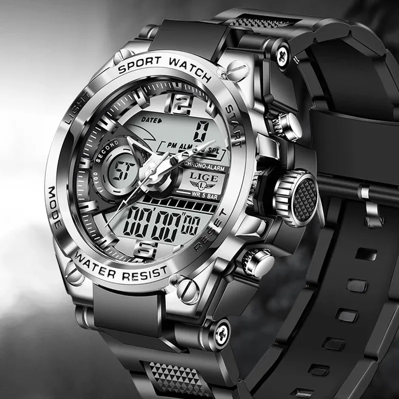 LIGE Sport Men Quartz Digital Watch Creative Diving Watches Men Waterproof Alarm Watch Dual Display Clock Relogio Masculino
