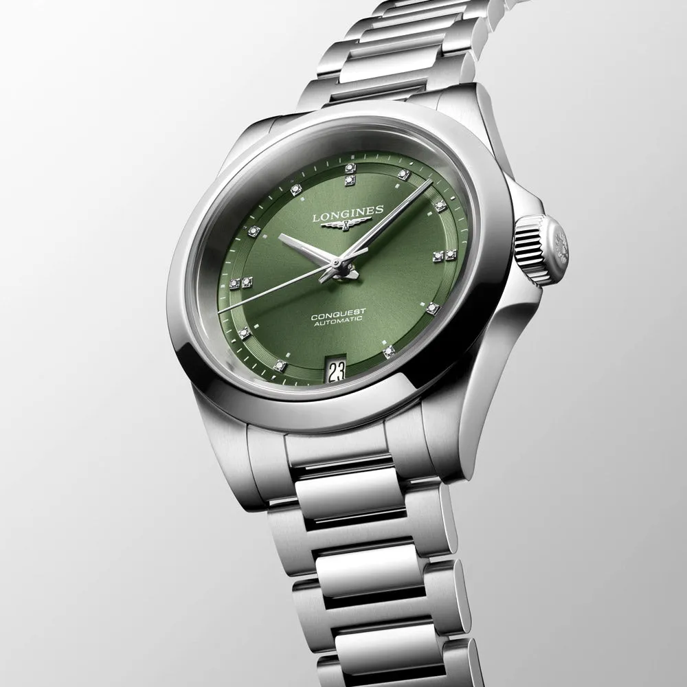 Longines Conquest 34mm Green Dial Diamond Automatic Ladies Watch L3.430.4.07.6