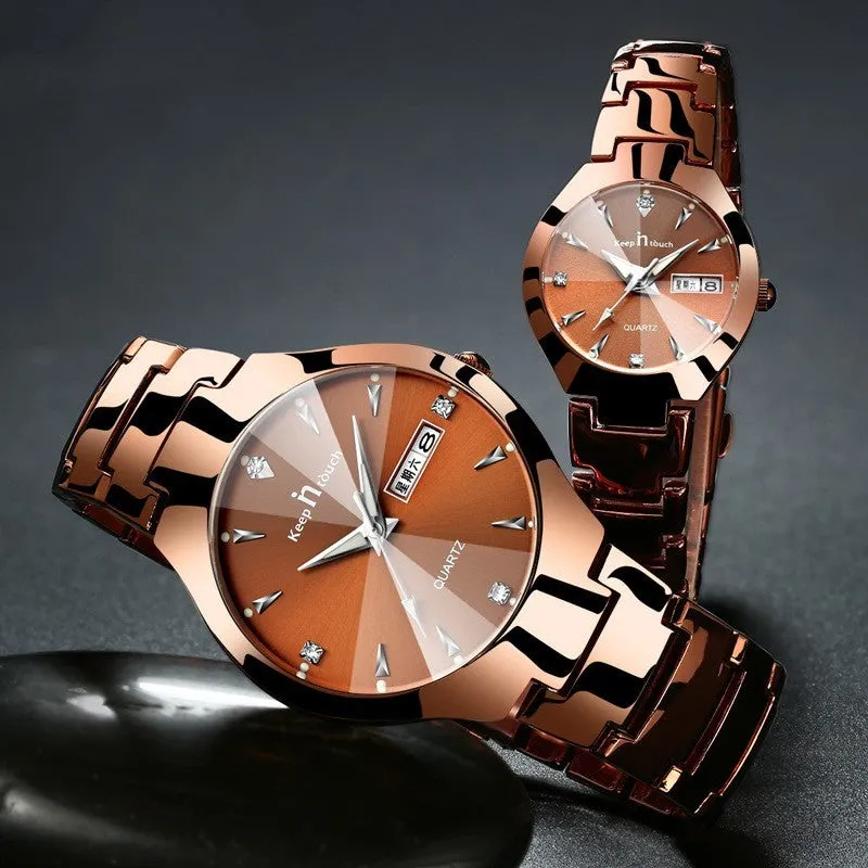 Luminous Waterproof Stainless steel Week Calendar Quartz Watches for Couple | Perfect for Lover