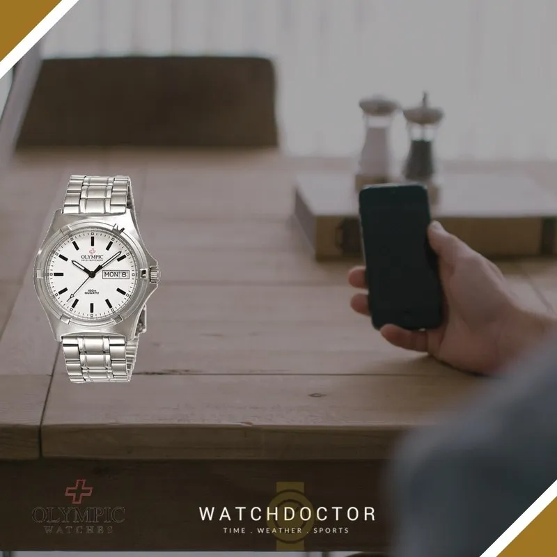 Mens Olympic Work Watch - White - Baton Hands