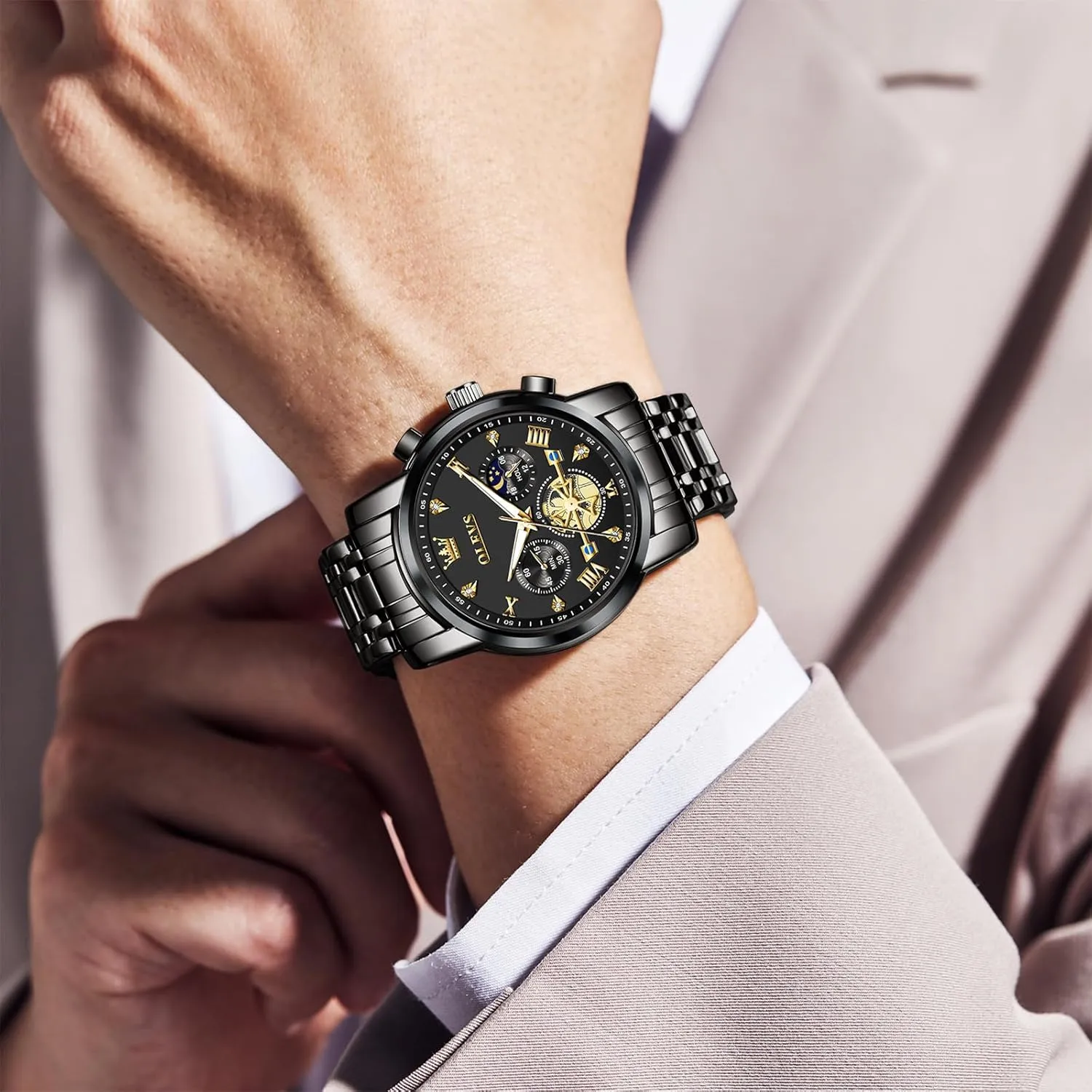 OLEVS Men Watches Stainless Steel Chronograph Watch, Large Wrist Analog Quartz Watch, Fashion Waterproof Diamond Roman Numerals Dress Watches for Men, Gold/Black/White/Blue/Grey Dial