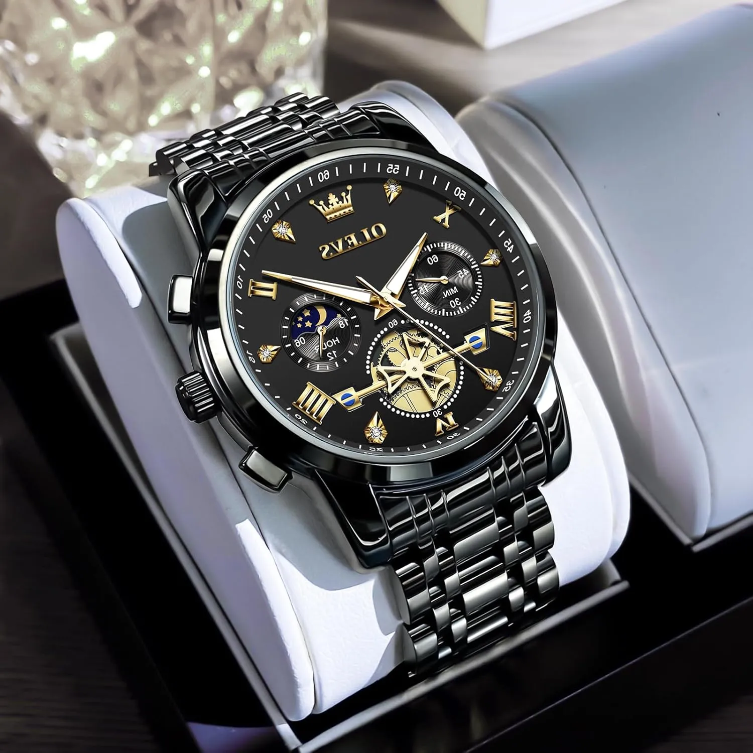 OLEVS Men Watches Stainless Steel Chronograph Watch, Large Wrist Analog Quartz Watch, Fashion Waterproof Diamond Roman Numerals Dress Watches for Men, Gold/Black/White/Blue/Grey Dial