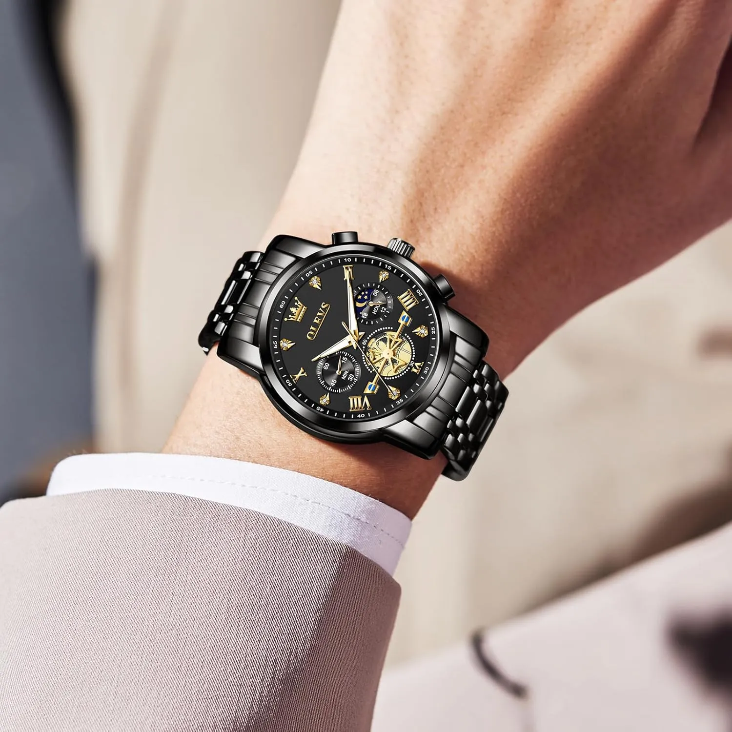 OLEVS Men Watches Stainless Steel Chronograph Watch, Large Wrist Analog Quartz Watch, Fashion Waterproof Diamond Roman Numerals Dress Watches for Men, Gold/Black/White/Blue/Grey Dial