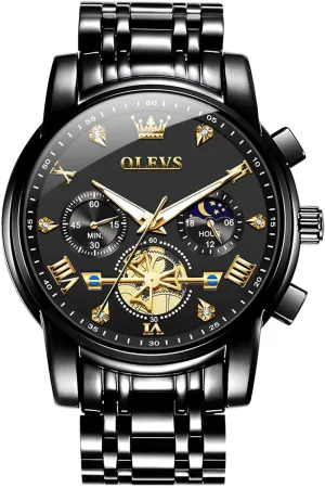 OLEVS Men Watches Stainless Steel Chronograph Watch, Large Wrist Analog Quartz Watch, Fashion Waterproof Diamond Roman Numerals Dress Watches for Men, Gold/Black/White/Blue/Grey Dial