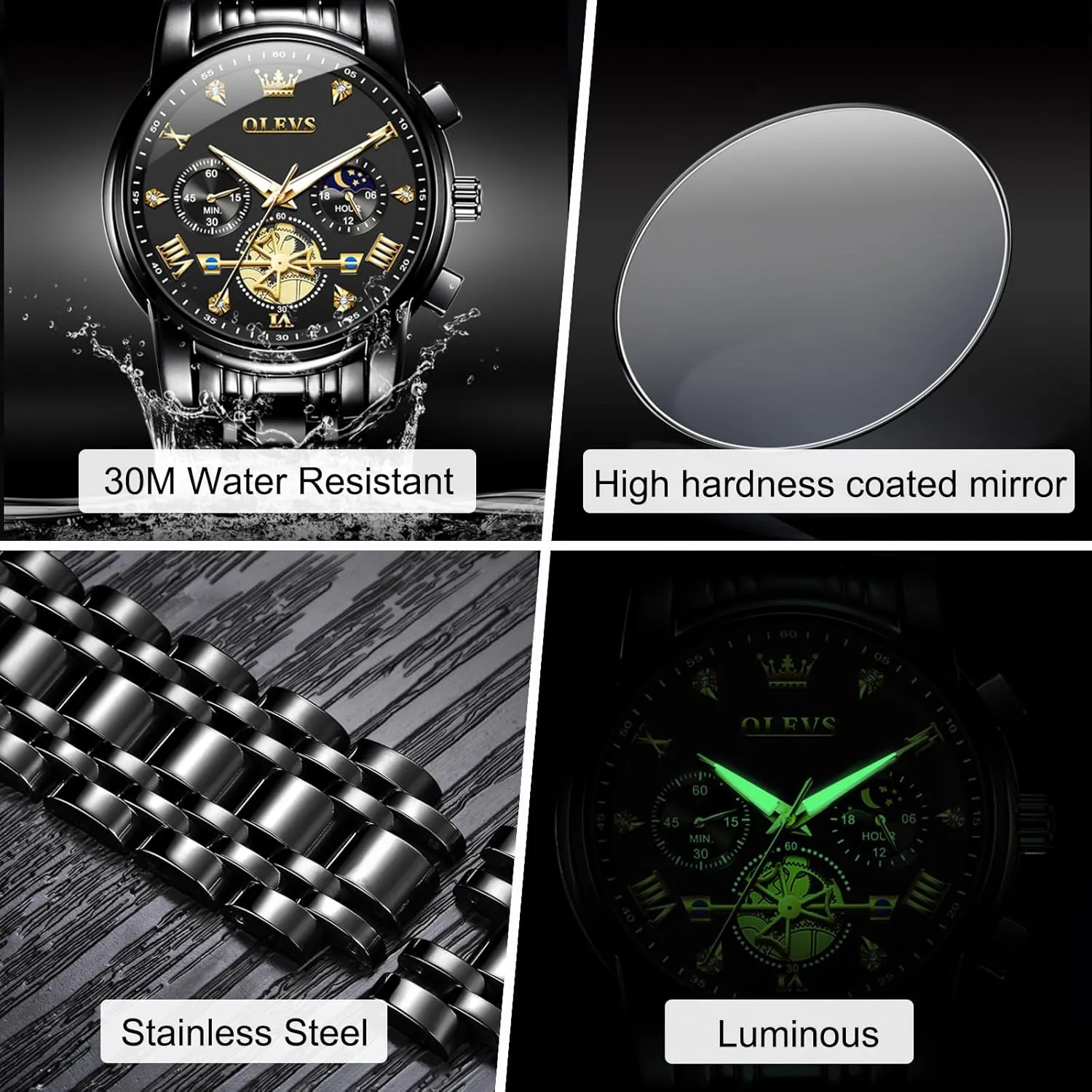 OLEVS Men Watches Stainless Steel Chronograph Watch, Large Wrist Analog Quartz Watch, Fashion Waterproof Diamond Roman Numerals Dress Watches for Men, Gold/Black/White/Blue/Grey Dial