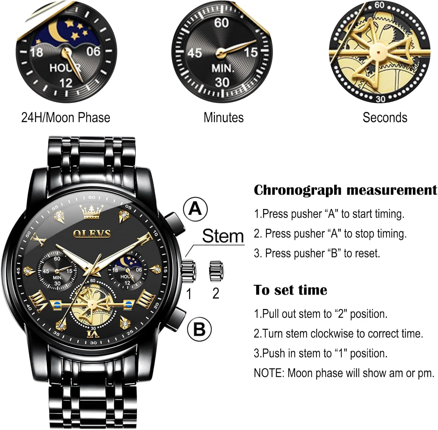 OLEVS Men Watches Stainless Steel Chronograph Watch, Large Wrist Analog Quartz Watch, Fashion Waterproof Diamond Roman Numerals Dress Watches for Men, Gold/Black/White/Blue/Grey Dial