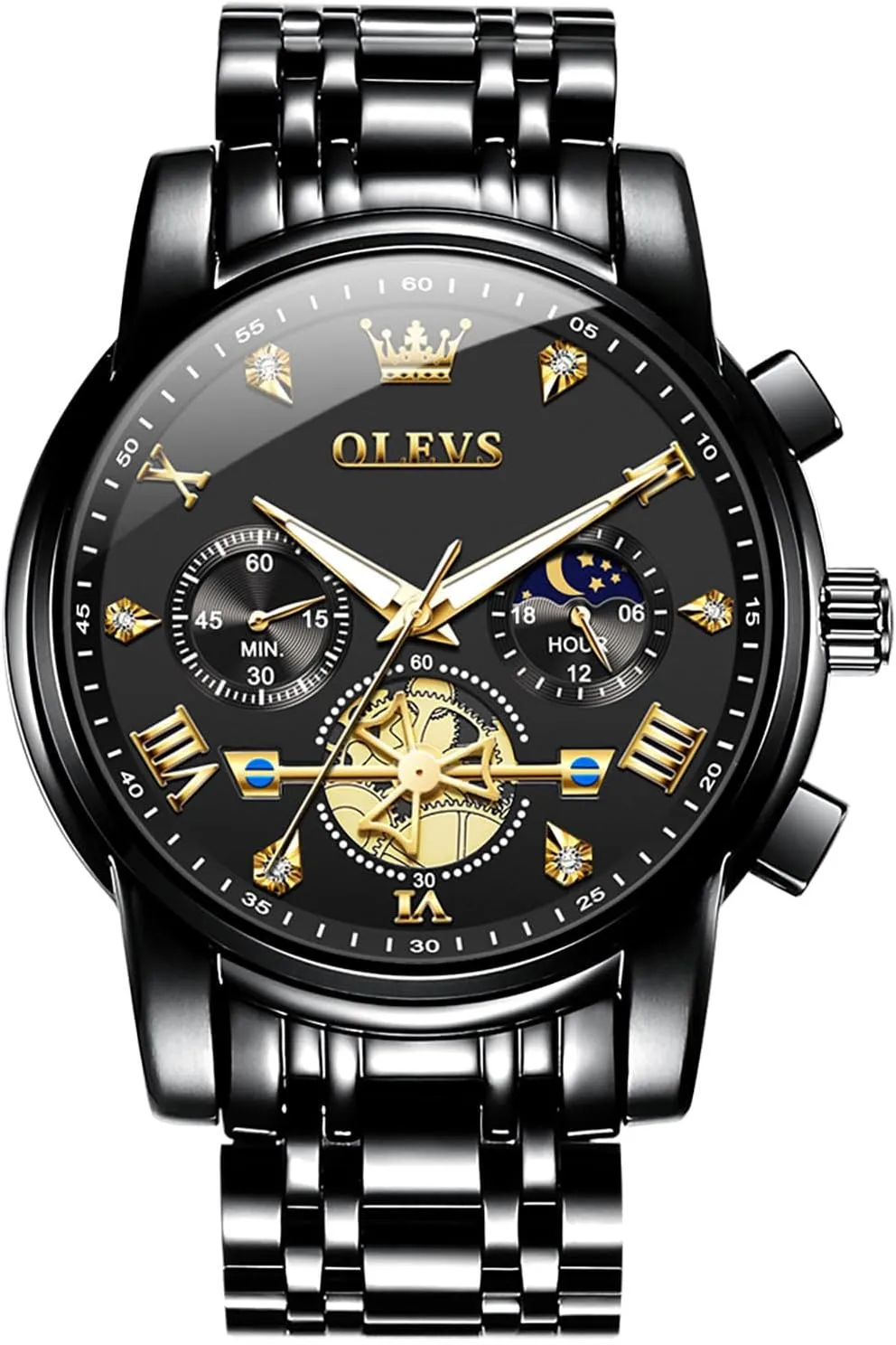 OLEVS Men Watches Stainless Steel Chronograph Watch, Large Wrist Analog Quartz Watch, Fashion Waterproof Diamond Roman Numerals Dress Watches for Men, Gold/Black/White/Blue/Grey Dial