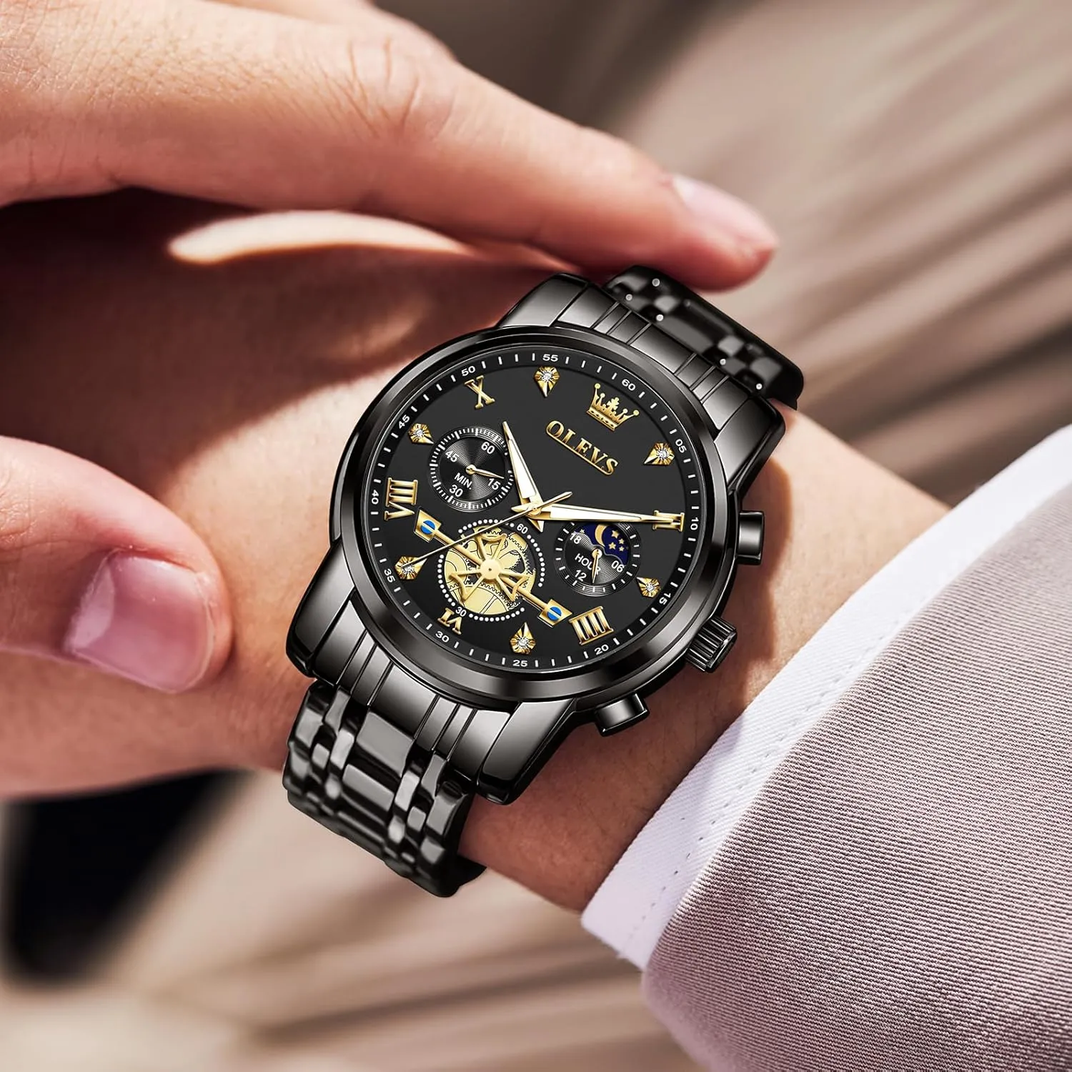OLEVS Men Watches Stainless Steel Chronograph Watch, Large Wrist Analog Quartz Watch, Fashion Waterproof Diamond Roman Numerals Dress Watches for Men, Gold/Black/White/Blue/Grey Dial