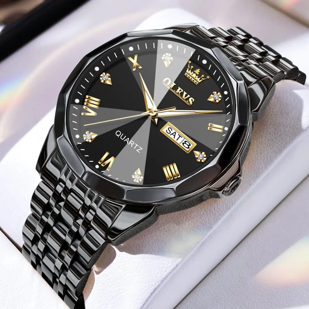 OLEVS Mens Watch Stainless Steel Analog Quartz Watches for Men Day Date Easy Read Diamond Waterproof Dress Luxury Classic Casual Big Face Blue/Black/Gold/Silver Roman Arabic Numerals Men's Wrist Watch