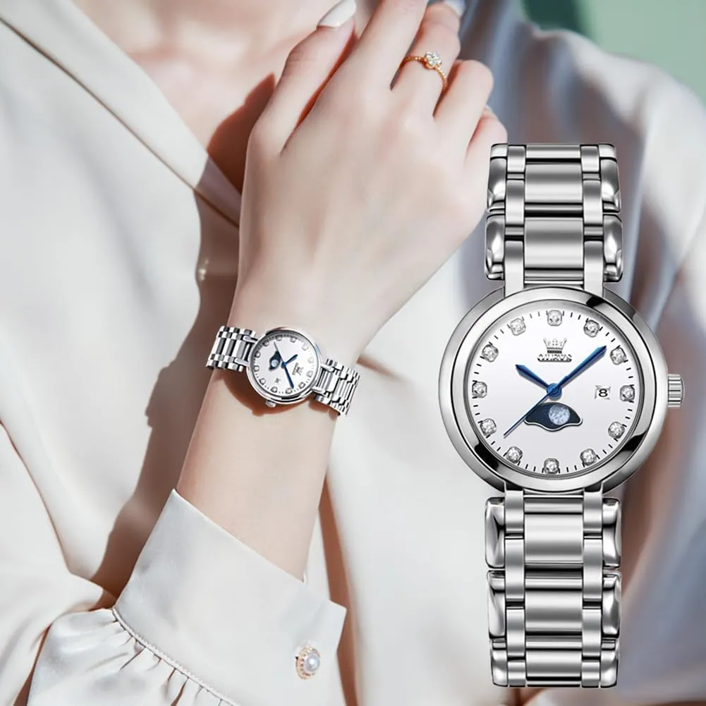 OLEVS Women Watch Set Silver Fashions Classic Dial Stainless Steel Waterproof Lady Watch Gift Birthday Present