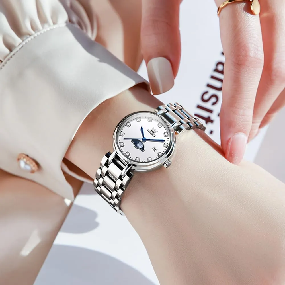 OLEVS Women Watch Set Silver Fashions Classic Dial Stainless Steel Waterproof Lady Watch Gift Birthday Present