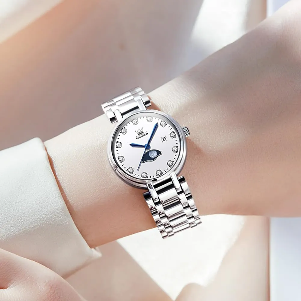 OLEVS Women Watch Set Silver Fashions Classic Dial Stainless Steel Waterproof Lady Watch Gift Birthday Present