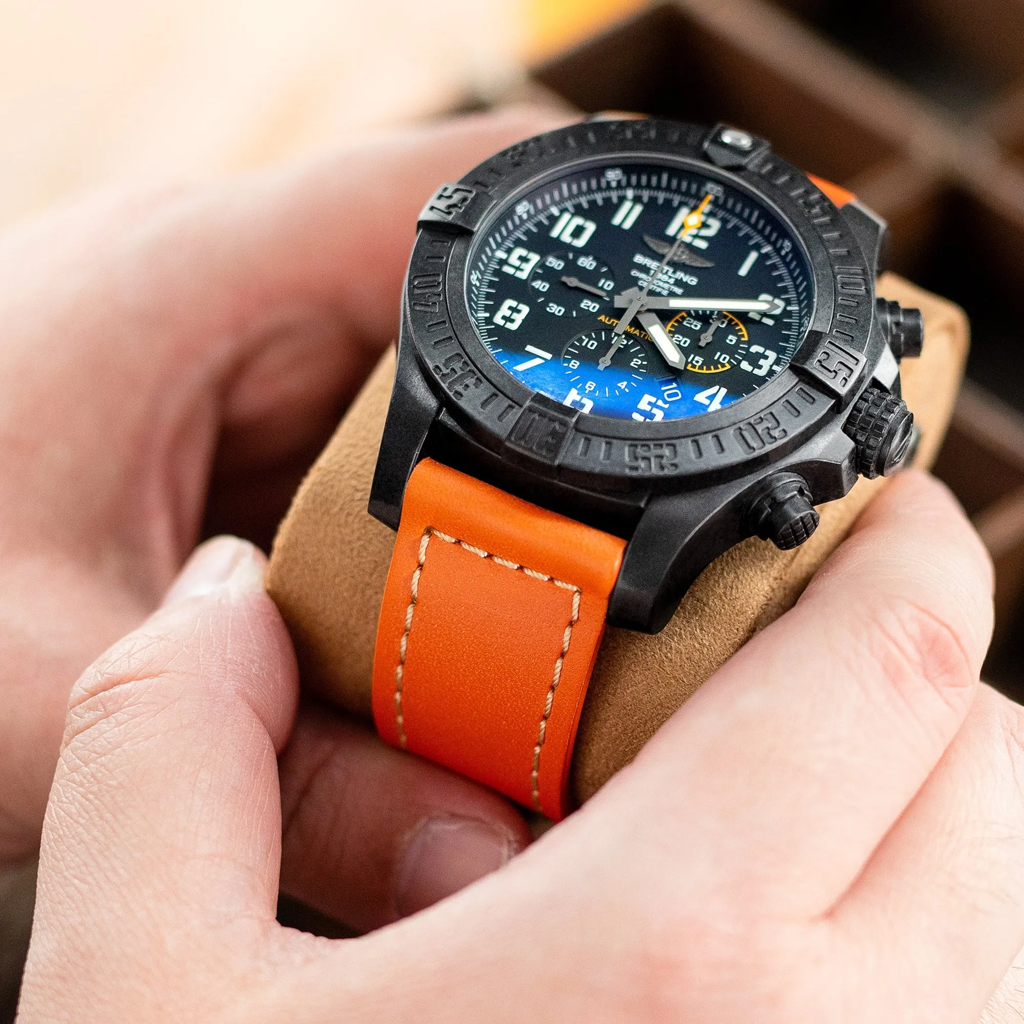 Pam Collection, Orange French Crafted Barenia Leather Watch Strap for Panerai, Beige Stitching