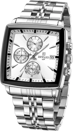 REWARD Quartz Mens Watch Classic Big Square Face Chronograph Waterproof Luminous Business Wrist Watch Man Silver-Tone