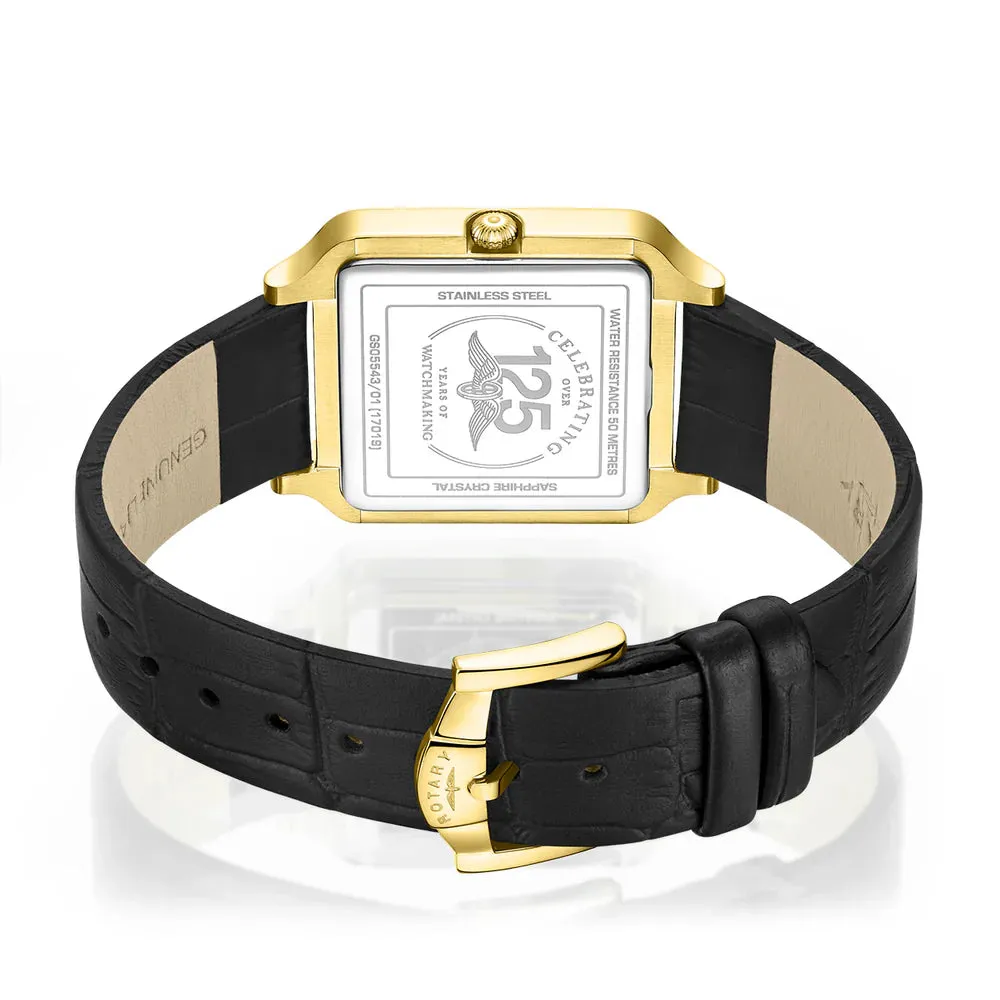 Rotary Gents Yellow Gold Plated Square Dial Black Leather Watch