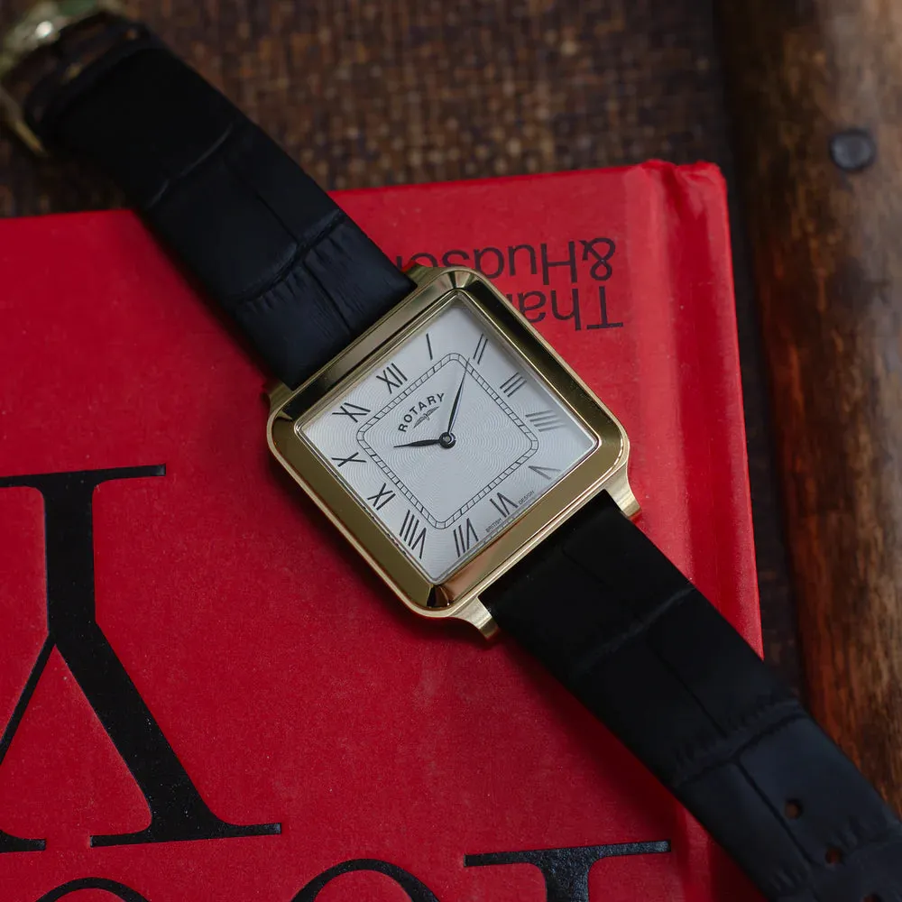 Rotary Gents Yellow Gold Plated Square Dial Black Leather Watch