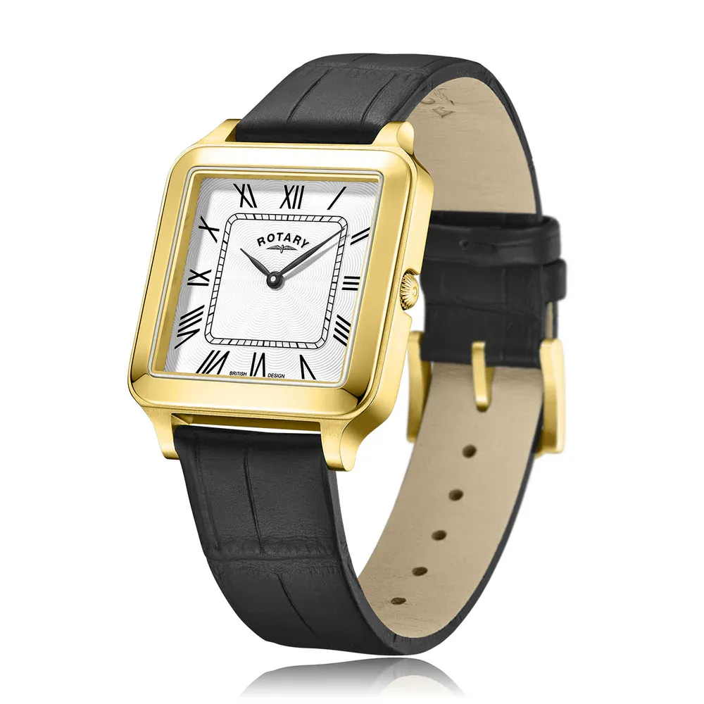Rotary Gents Yellow Gold Plated Square Dial Black Leather Watch