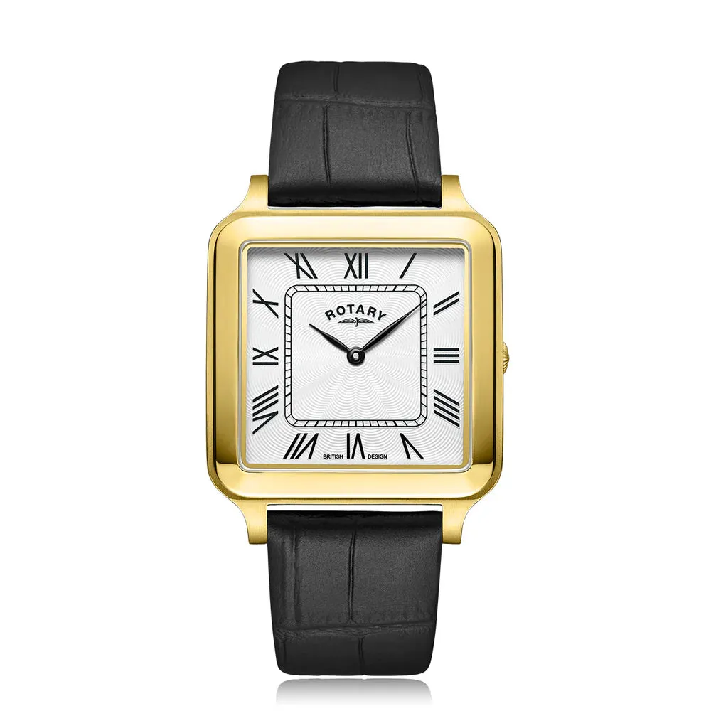 Rotary Gents Yellow Gold Plated Square Dial Black Leather Watch
