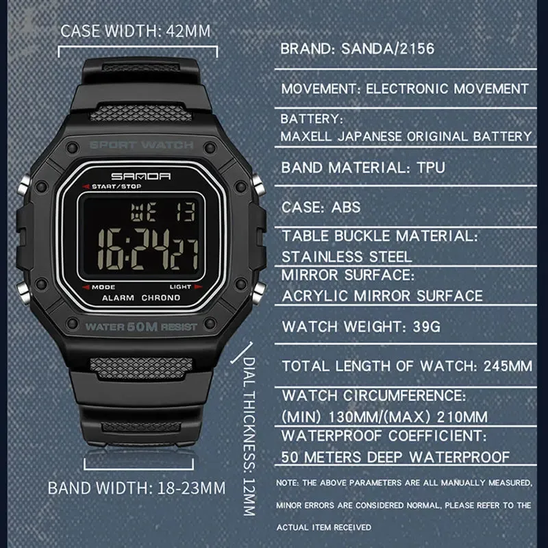 SANDA 2156 Fashion Mens Watch Military Water Resistant Sport Watches Army Big Dial Led Digital Wristwatches Stopwatches For Male