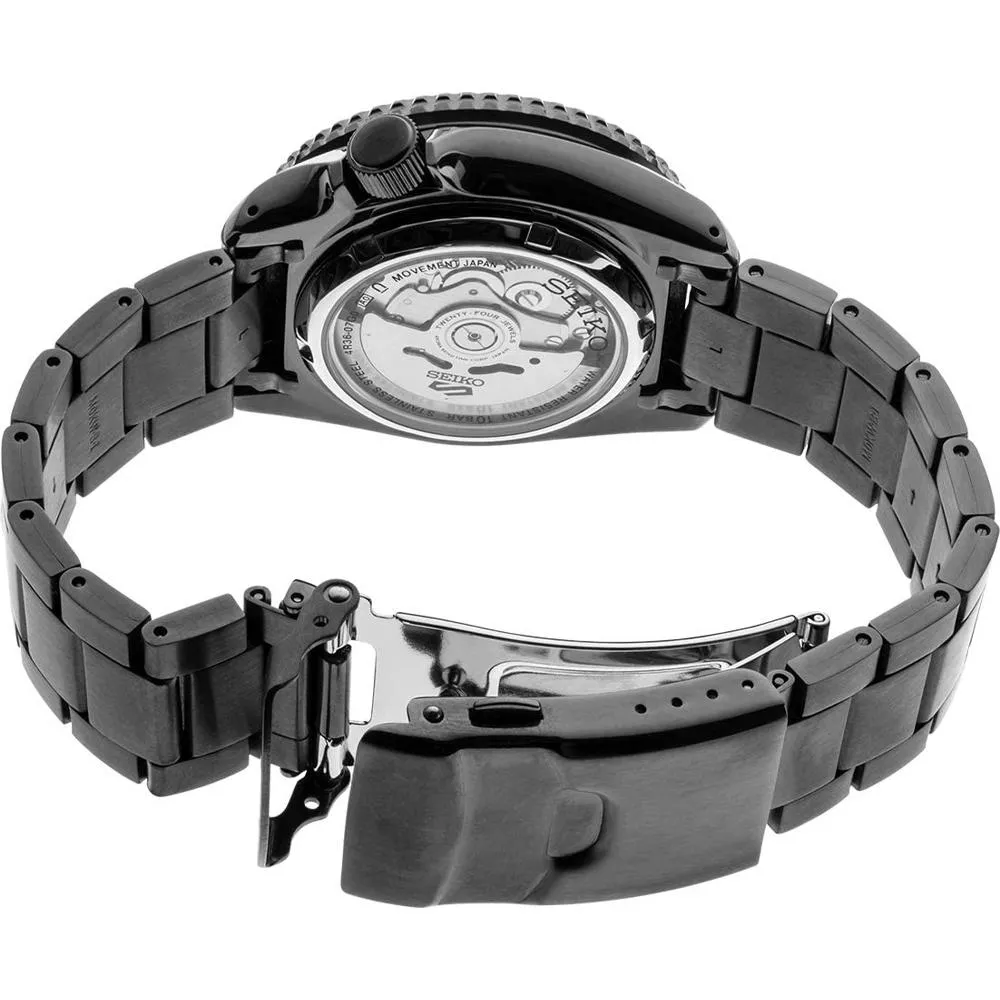Seiko Mens Automatic 5 Sports  Stainless Steel Bracelet Black Analog Dial Watch - SRPD65