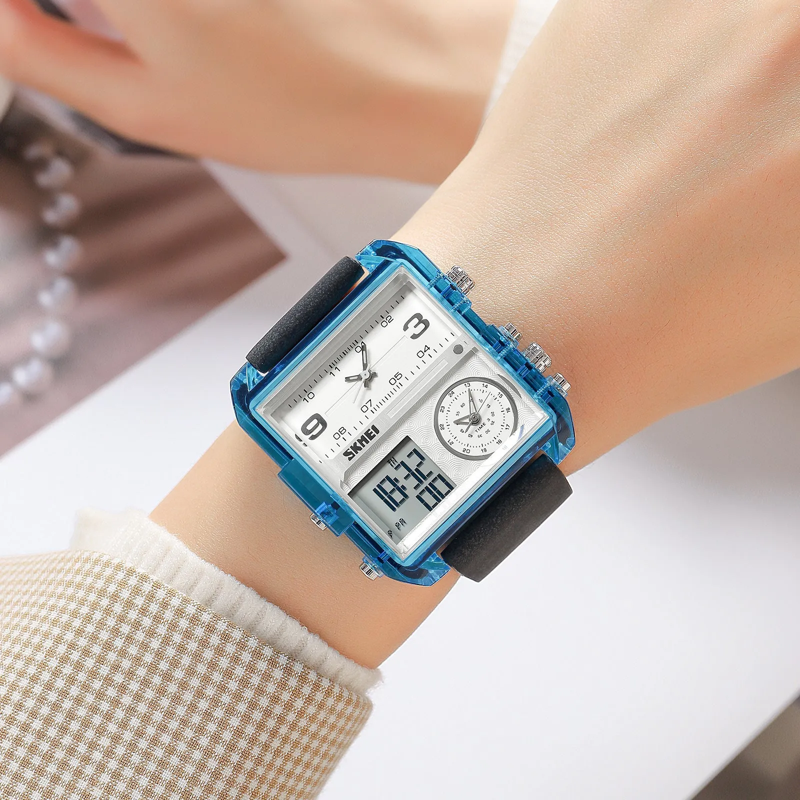 SKMEI 2021 Transparent Case Square Watch w/ Three Dials