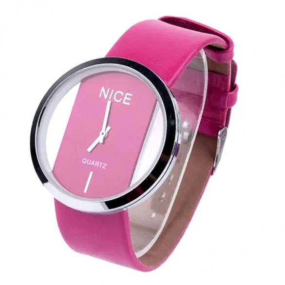 Synthetic Leather Transparent Dial Lady Wrist Watch