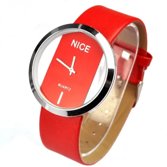 Synthetic Leather Transparent Dial Lady Wrist Watch