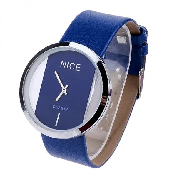 Synthetic Leather Transparent Dial Lady Wrist Watch