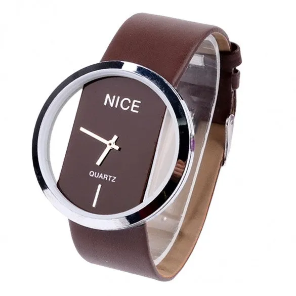 Synthetic Leather Transparent Dial Lady Wrist Watch