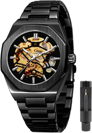 Tiong Mens Watch Luxury Skeleton Mechanical Stainless Steel Waterproof Black Automatic Self-Winding Wrist Watches for Men