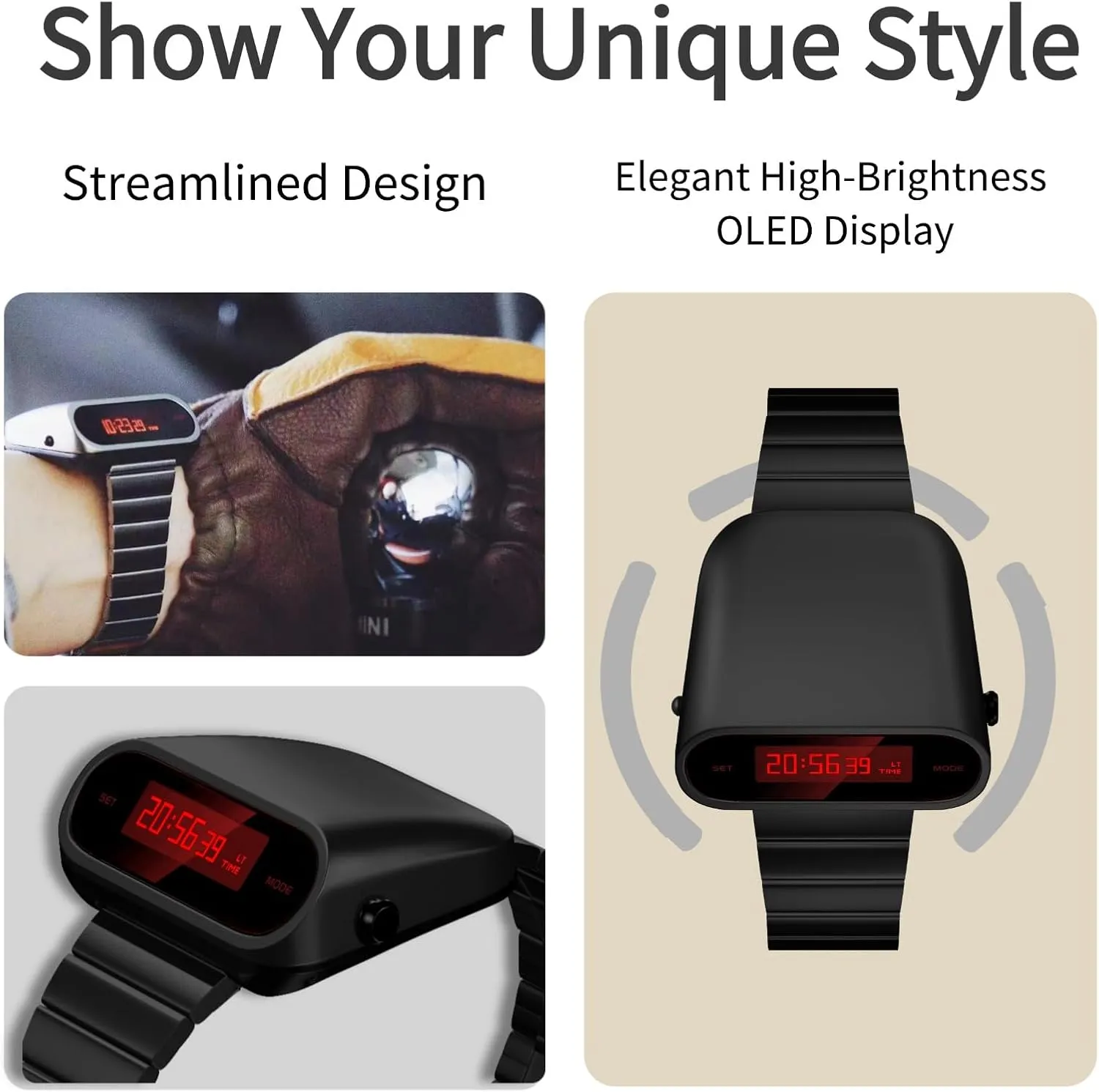 Unique Metal Watch, OLED Display Men Digital Watches, Lift-to-Wake Screen, Stainless Steel Strap