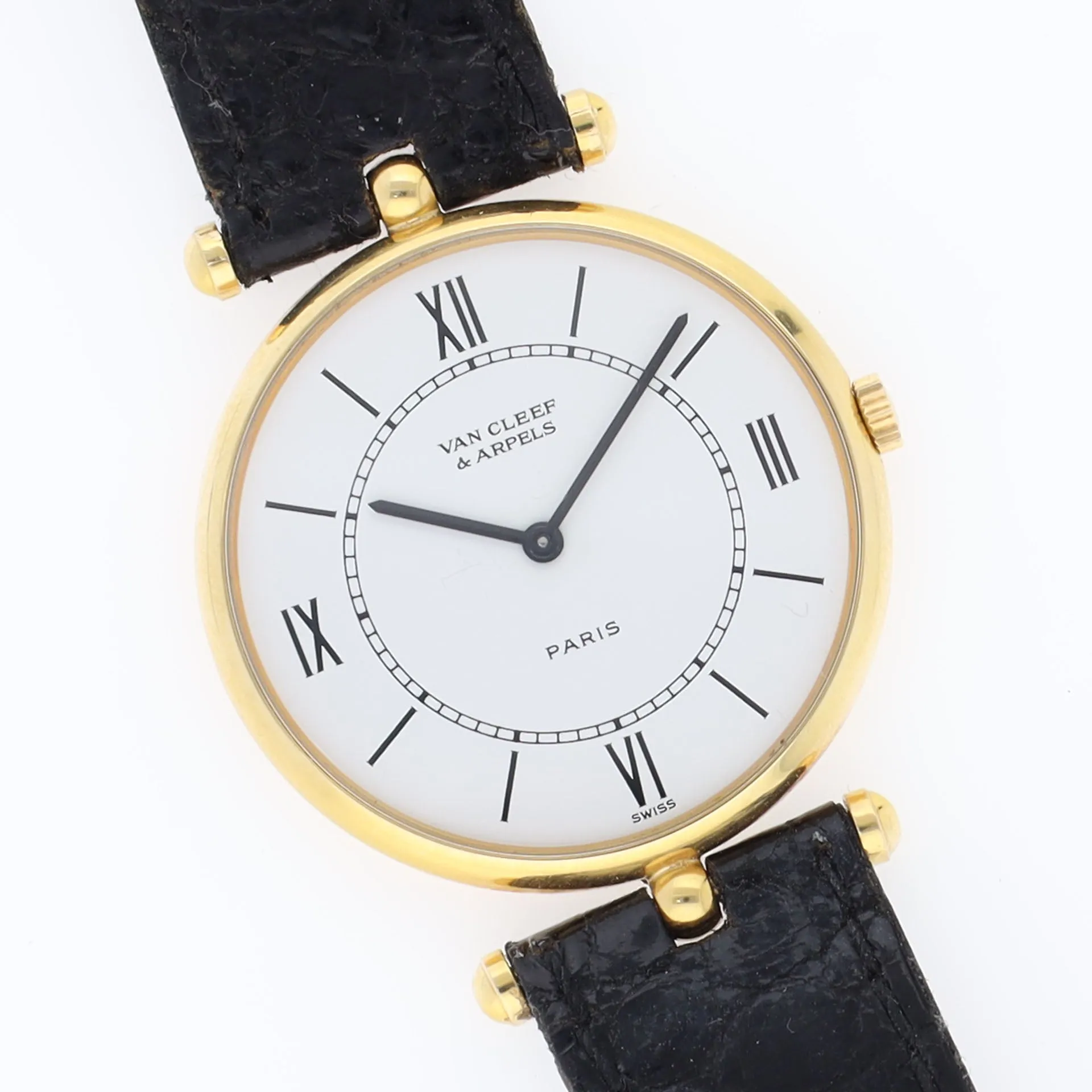 Van Cleef & Arpels Gold Ladies Round Dress Watch Box and Papers