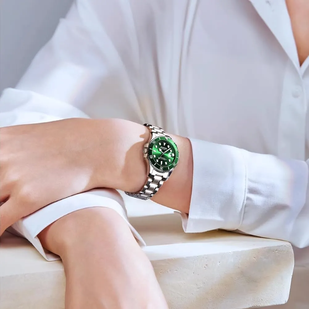 Watch for Women with Date Fashion Elegant Dress Stainless Steel Rotatable Bezel Ladies Wrist Watches Gift Waterproof Luminous