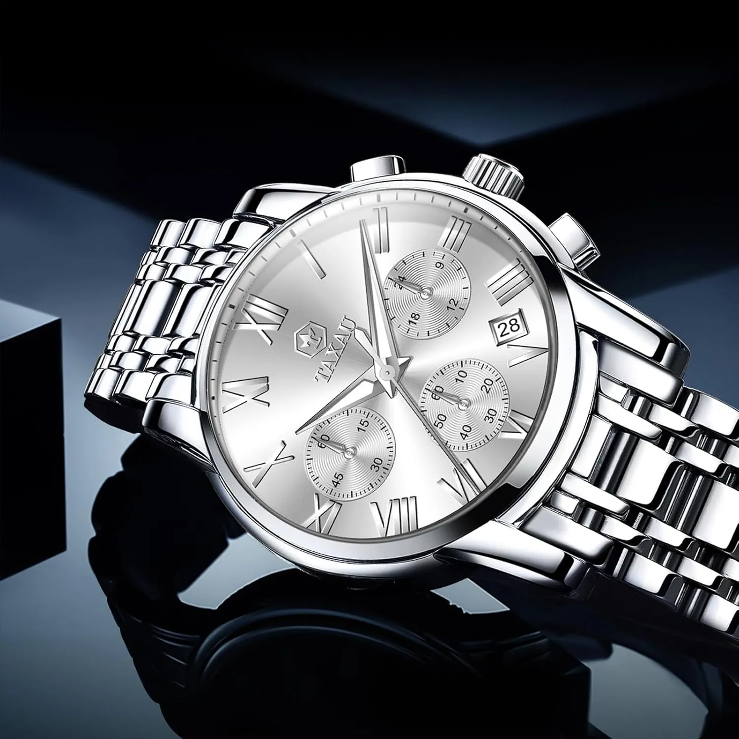 Watch Men Stainless Steel Luxury Diamond Chronograph with Date Business reloj de Hombre