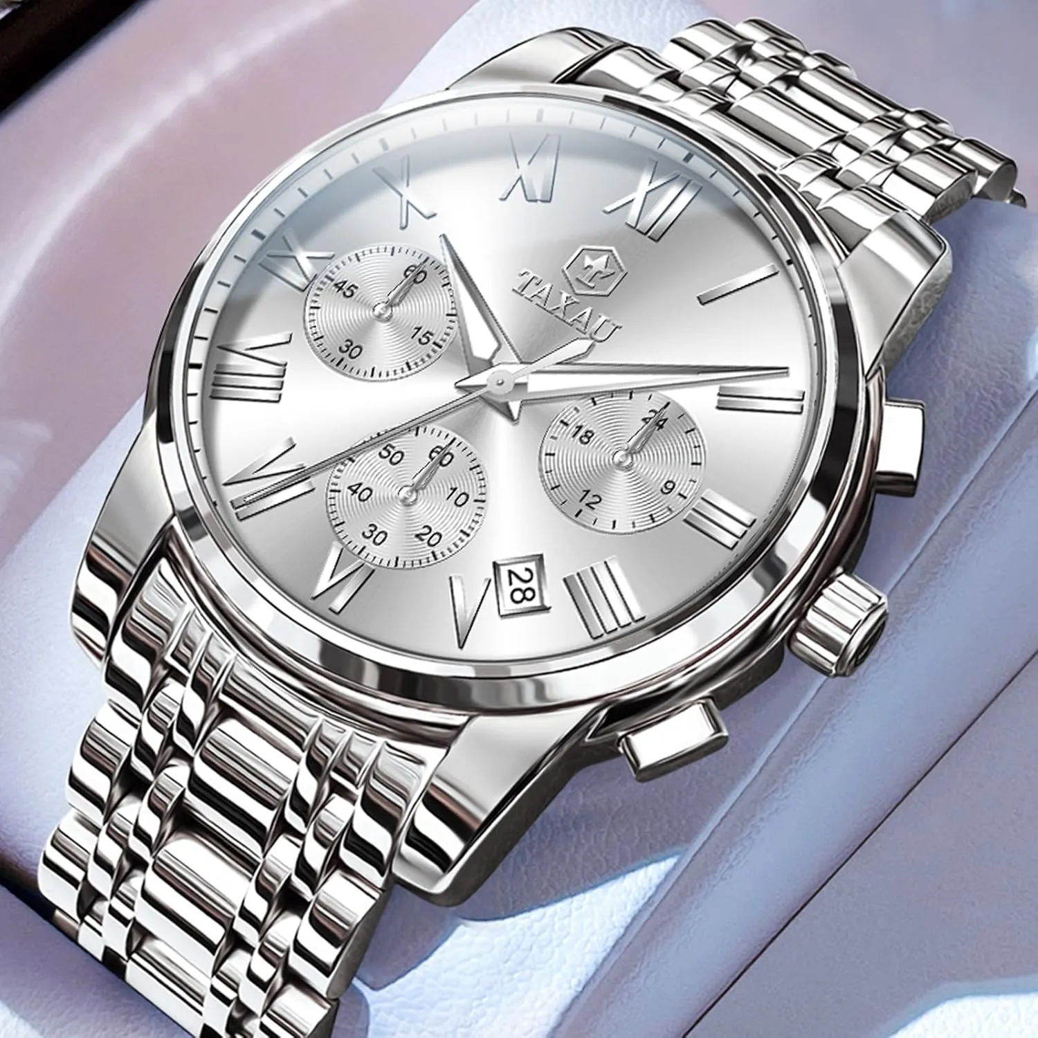 Watch Men Stainless Steel Luxury Diamond Chronograph with Date Business reloj de Hombre