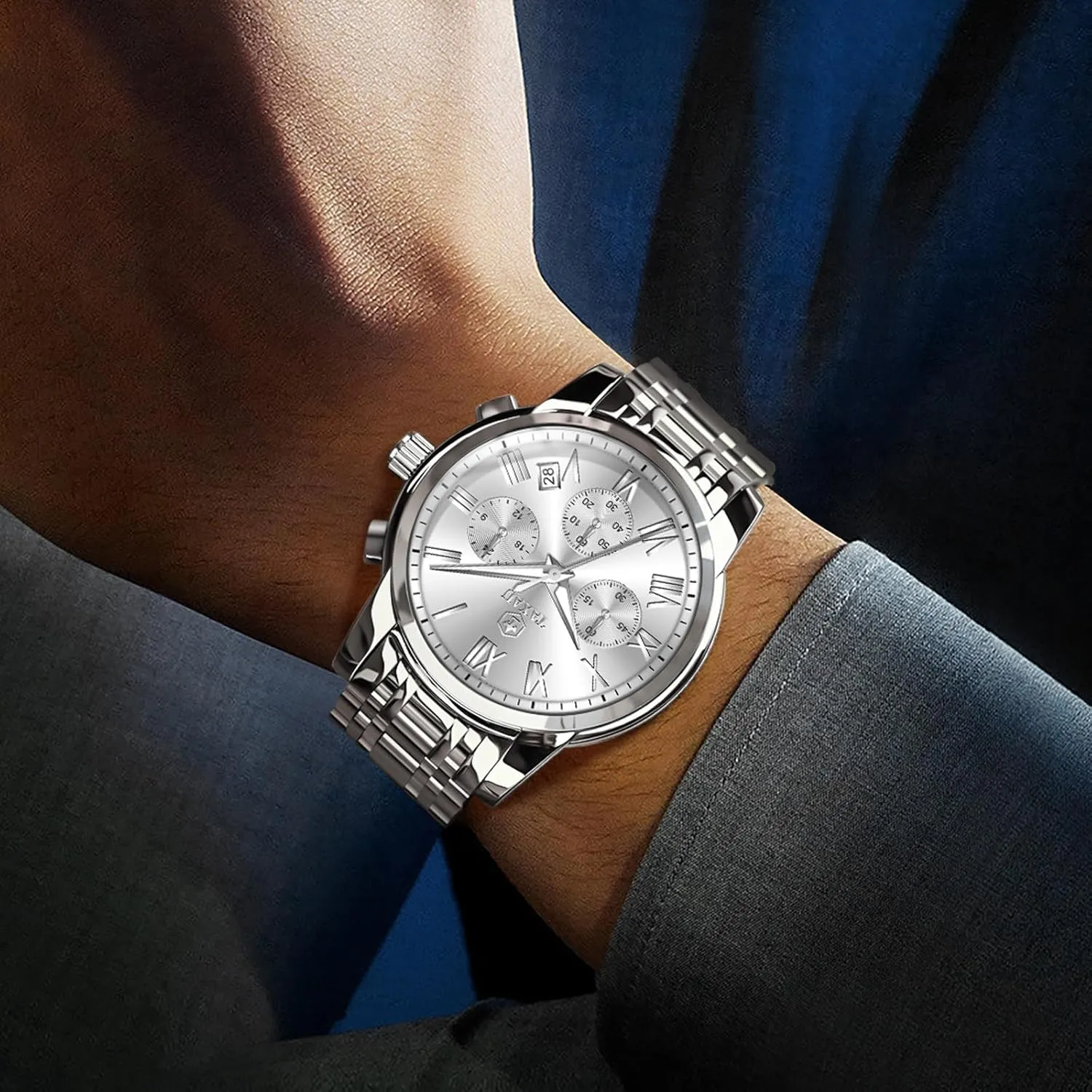 Watch Men Stainless Steel Luxury Diamond Chronograph with Date Business reloj de Hombre