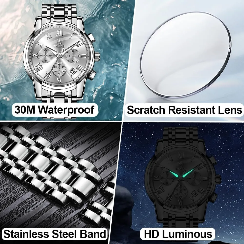 Watch Men Stainless Steel Luxury Diamond Chronograph with Date Business reloj de Hombre