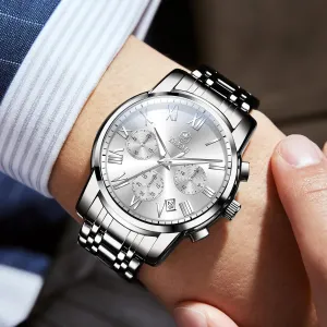 Watch Men Stainless Steel Luxury Diamond Chronograph with Date Business reloj de Hombre