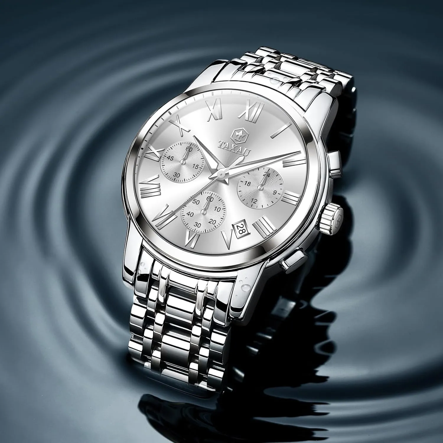 Watch Men Stainless Steel Luxury Diamond Chronograph with Date Business reloj de Hombre