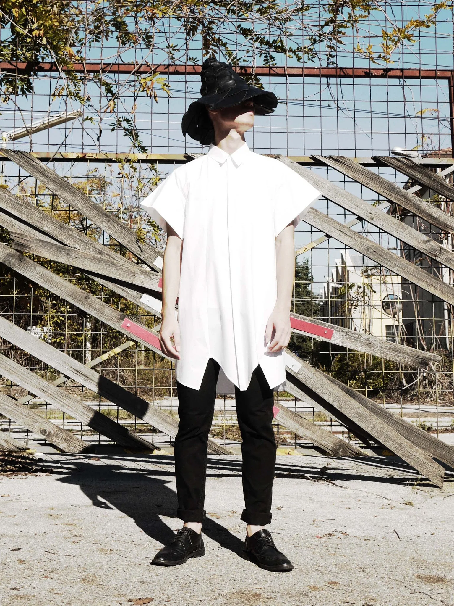 White Origami Midi Shirt  Short Sleeves with Artistic Folds