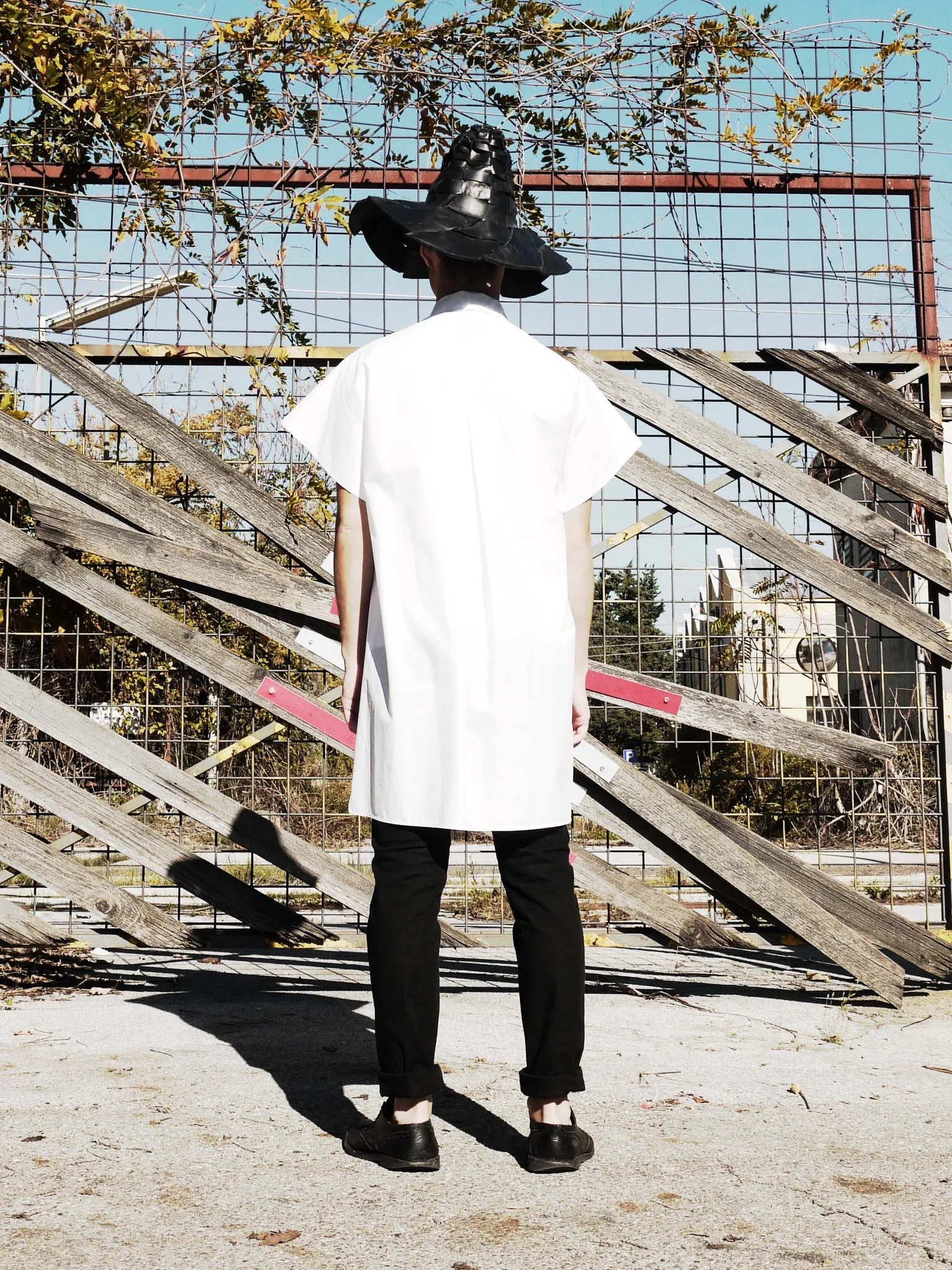White Origami Midi Shirt  Short Sleeves with Artistic Folds