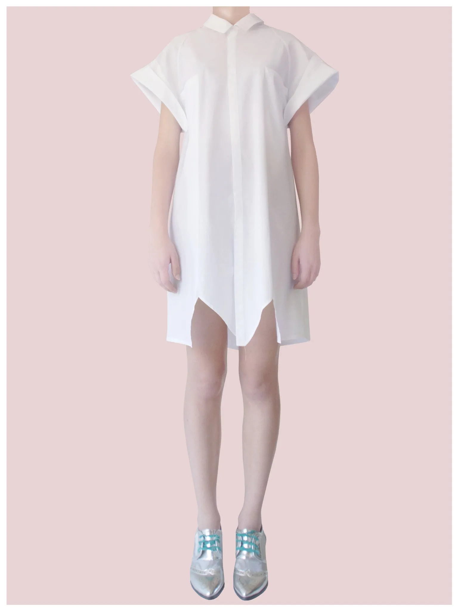 White Origami Midi Shirt  Short Sleeves with Artistic Folds